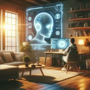 A person sitting at a desk in a cozy room, interacting with a futuristic AI interface displayed on a large monitor. The room features warm lighting, bookshelves, and plants, blending advanced technology with a comfortable home environment.