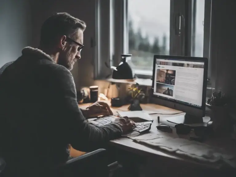 A man sitting by the desk and looking at the computer screen.