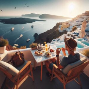 Enjoying a luxurious breakfast on a balcony overlooking a scenic view of the sea with boats and distant islands, embodying easy travel.