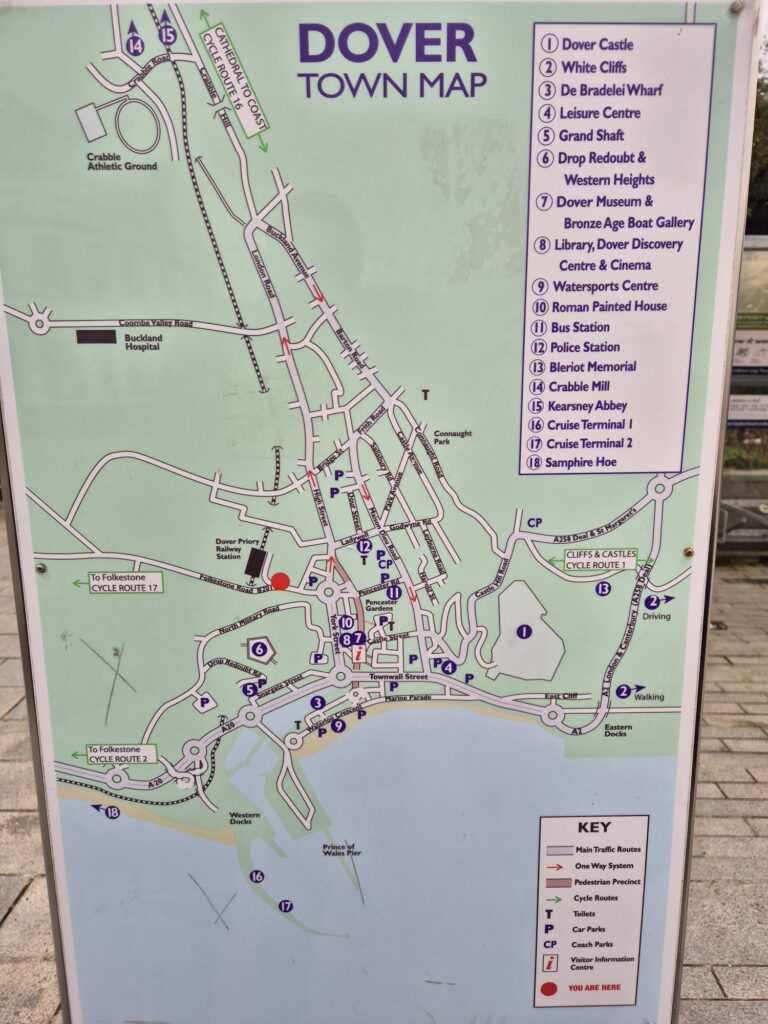Map of Dover town showing various points of interest, including Dover Castle, White Cliffs, and more.