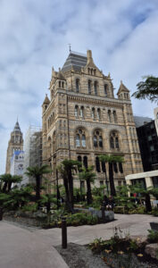 Exterior view of the Natural History Museum in London, showcasing its intricate Romanesque architecture with a garden in the foreground.