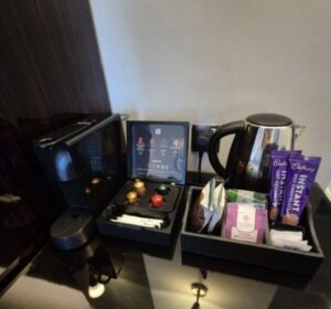Coffee and tea station with a variety of options.