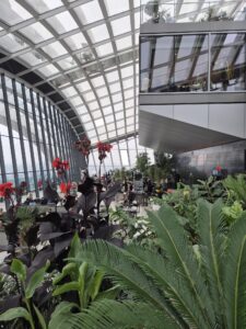 Panoramic view from Sky Garden showing HMS Belfast on the River Thames and The Shard in the background.