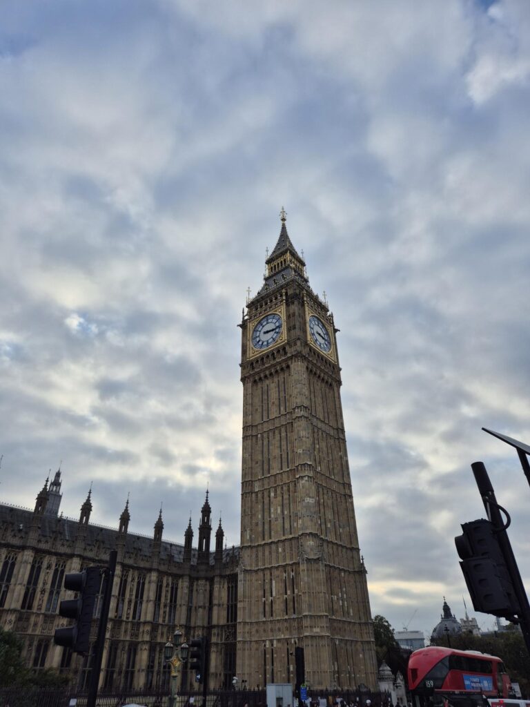 Low-angle view of Elizabeth Tower, commonly known as Big Ben, one of the must-visit places to visit in London, with a cloudy sky in the background.