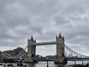 Tower Bridge in London, photographed on a cloudy day.