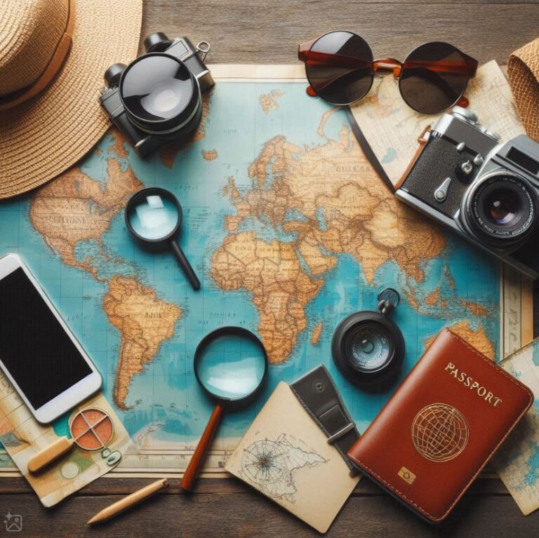 Various travel-related items including vintage cameras, sunglasses, a straw hat, a smartphone, a magnifying glass, a compass, a passport, a notebook with a map, a pencil, and a protractor arranged on a world map.