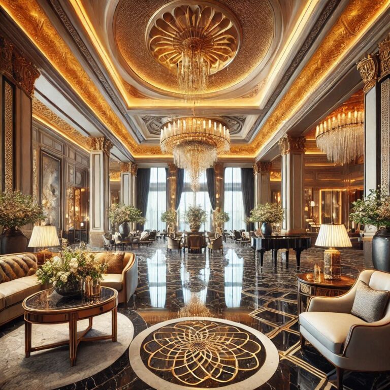 An elegant hotel lobby with luxurious decor, including plush seating, grand chandeliers, and marble floors.