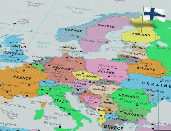 A map of Europe with a pin looking like the Finnish flag on Finland.
