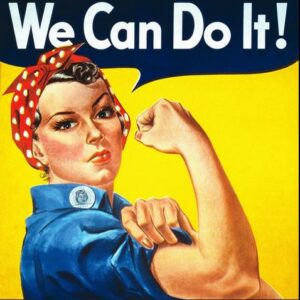 a strong independent looking lady who is showing how strong she is with the text we can do it above.