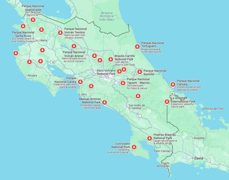 Google Maps showing National parks in Costa Rica.