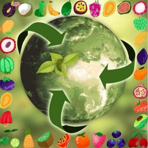 A picture showing a green Earth with pictures of food on the sides. Sustainable travel and sustainability.