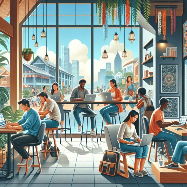 A digital nomad working remotely while traveling, with elements representing productivity, co-working spaces, self-care, and connecting with local communities.