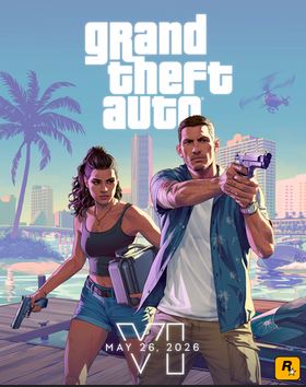 A promotional image for GTA VI featuring the game's release date, with bold typography and a dynamic cityscape in the background.