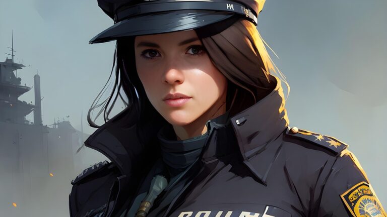 A GTA-style female police officer stands confidently in a bustling city, wearing a sleek uniform with a badge and utility belt. She has a determined expression, ready for action in a neon-lit urban environment.