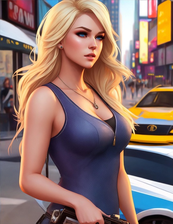 A woman with long blonde hair wearing a blue sleeveless top stands in front of a yellow taxi on a busy city street, looking like a character from GTA series.