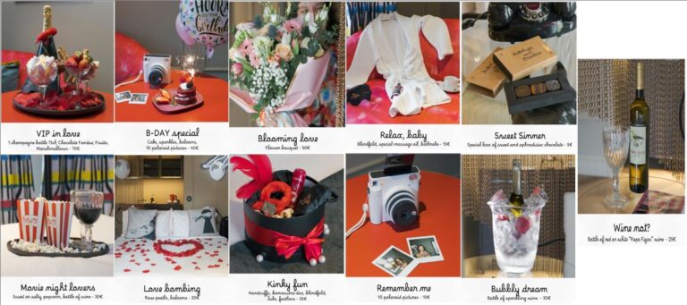 A collage of themed gift packages from Upon Angels, featuring wine, cookies, and festive decorations.