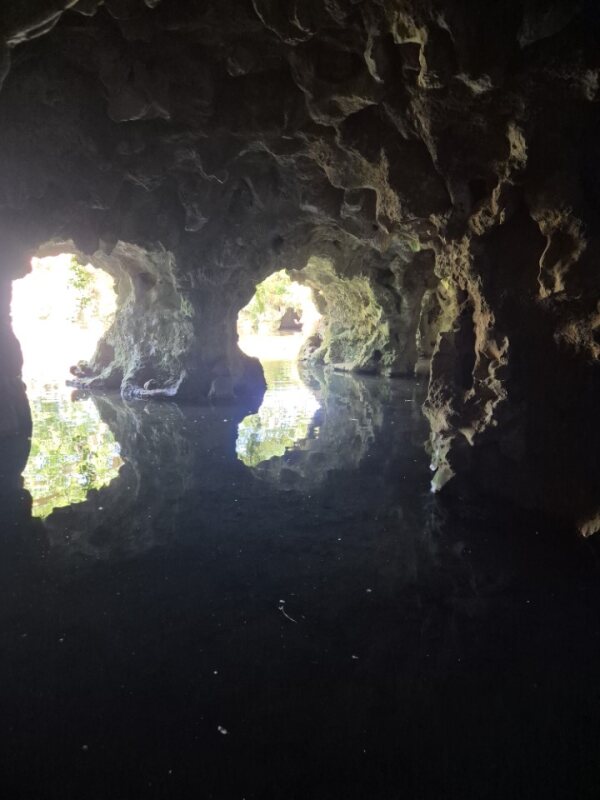 Cave opening at Quinta da Regaleira with sunlight reflecting on water inside the rocky chamber.