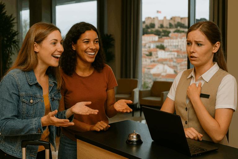 Two cheerful young women checking in at a Lisbon hotel, while the receptionist struggles to understand them due to a language barrier—highlighting the importance of essential Portuguese phrases for travelers in Lisbon.