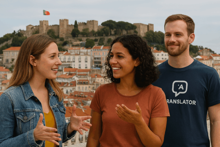 Two women—one from the U.S. and one from Portugal—talking with a translator nearby, set against the backdrop of Castelo de São Jorge, illustrating the use of essential Portuguese phrases for travelers in Lisbon.