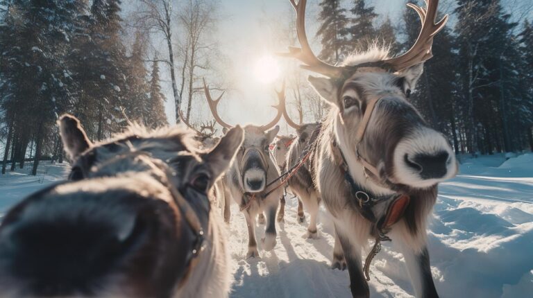 Magical Christmas vacation in Lapland Finland with reindeer in snowy forest under winter sunlight.