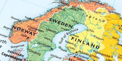 Detailed map showing Denmark, Norway, Sweden, and Finland with major cities and the Gulf of Bothnia.