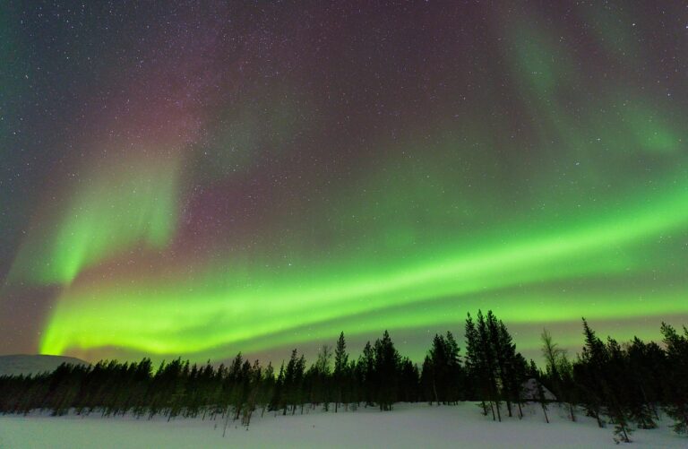 Magical Christmas vacation in Lapland Finland with vibrant green Northern Lights over snowy forest.