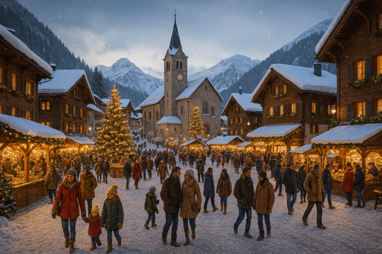 Luxury Christmas Holiday in the Swiss Alps with a charming snow-covered village, glowing Christmas lights, and bustling holiday market.