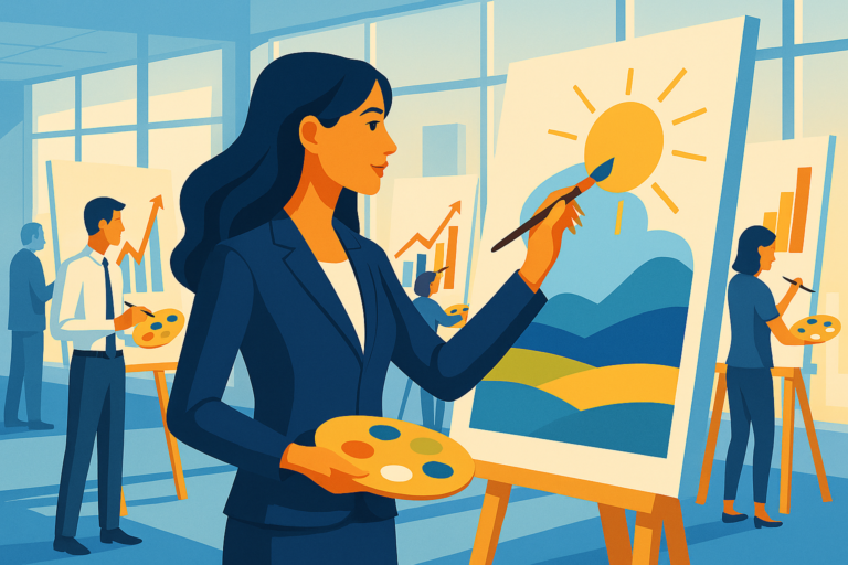 A modern office scene where several professionals are painting large canvases representing their vision of the future. One person is painting a bright sun and landscape, while others create upward-trending charts and colorful designs.