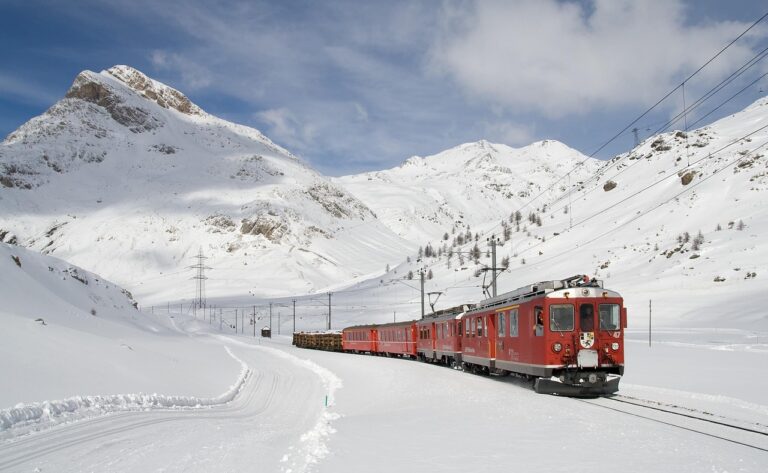 Luxury Christmas Holiday in the Swiss Alps with a scenic red Swiss train crossing snowy mountain landscapes.
