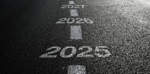 Road with years 2025, 2026, and 2027 marked along the center line, symbolizing a timeline toward the future.