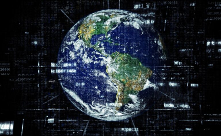 Earth viewed from space with digital code overlay, symbolizing global connectivity and technology. Global predictions and travel trends for 2026