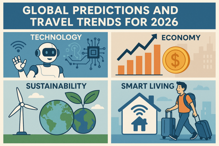 Four panels showing global predictions and travel trends for 2026: technology with a robot, economy with a growth chart, sustainability with wind turbine and globe, and smart living with a connected home and traveler.