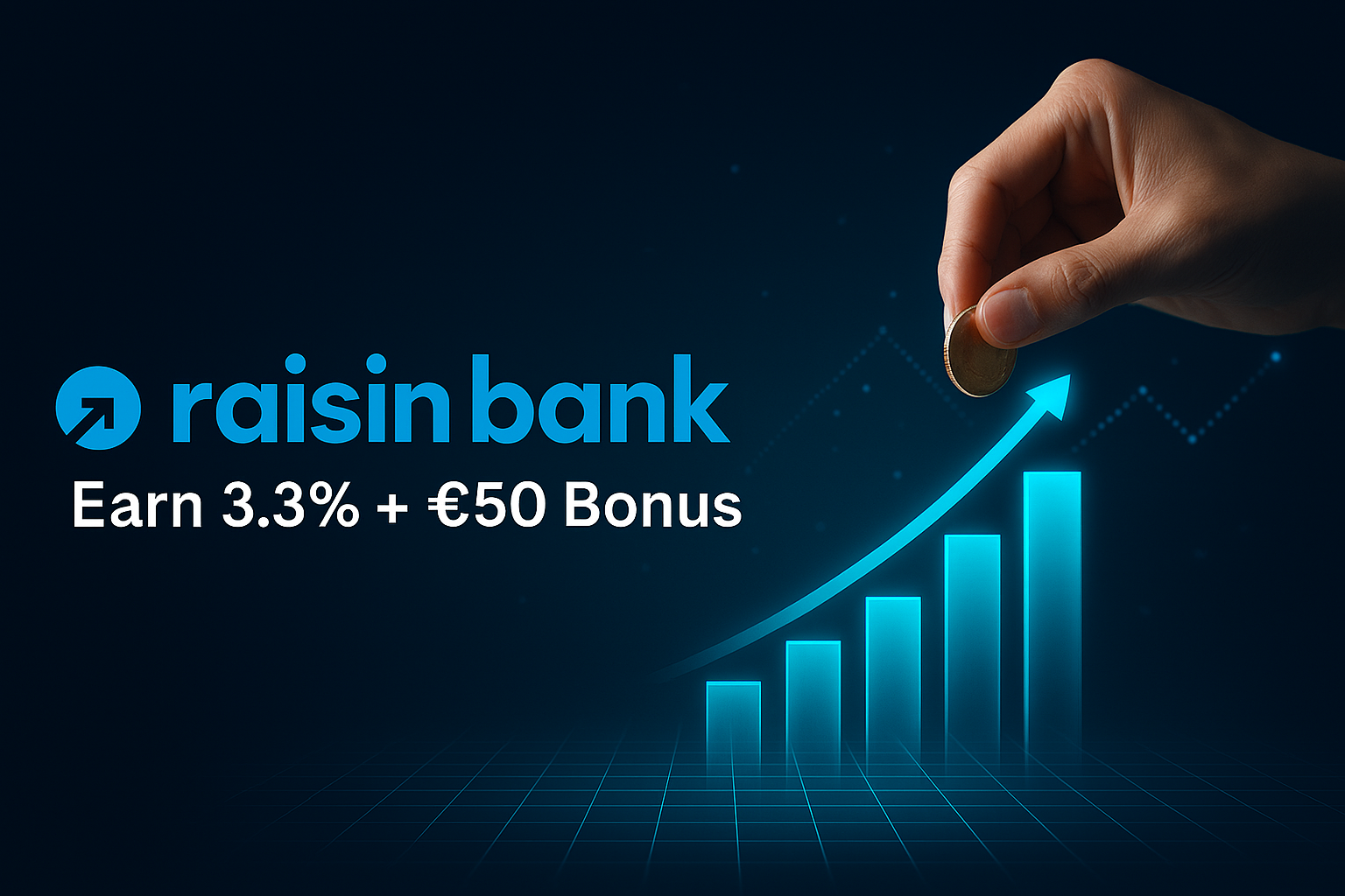 Raisin Bank 3.3% Interest Rate Offer: A Smart Move for Savvy Savers 1 Raisin Bank 3.3% interest rate offer visual with logo, tagline “Earn 3.3% + €50 Bonus,” a glowing blue bar chart, upward arrow, and a hand placing a coin, symbolizing financial growth and innovation.