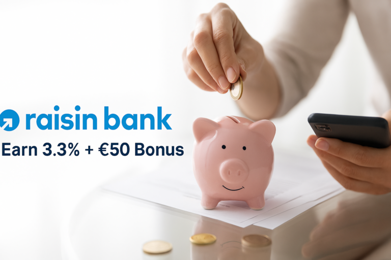 Raisin Bank logo in light blue with tagline “Earn 3.3% + €50 Bonus” next to a pink piggy bank and a hand placing a coin, symbolizing savings and mobile banking.