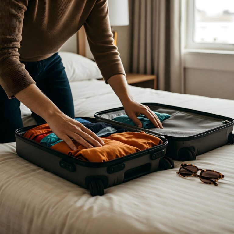 Hands arranging folded clothing inside an open suitcase on a hotel bed, demonstrating efficient packing tips for every type of trip.