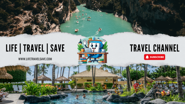 Travel banner featuring tropical and canyon destinations with text promoting Life Travel Save blog.