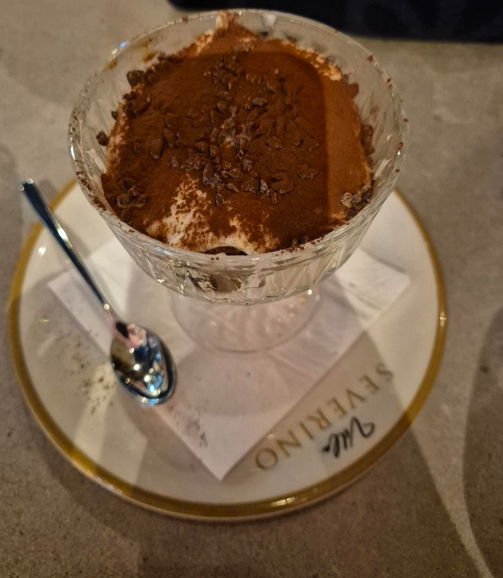 Classic tiramisu dessert served at Villa Severino.