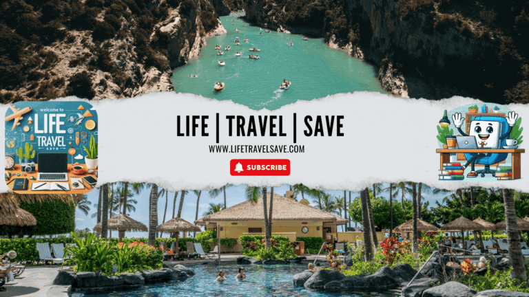 YouTube channel banner for Life | Travel | Save featuring a turquoise canyon river and a tropical resort with palm trees.