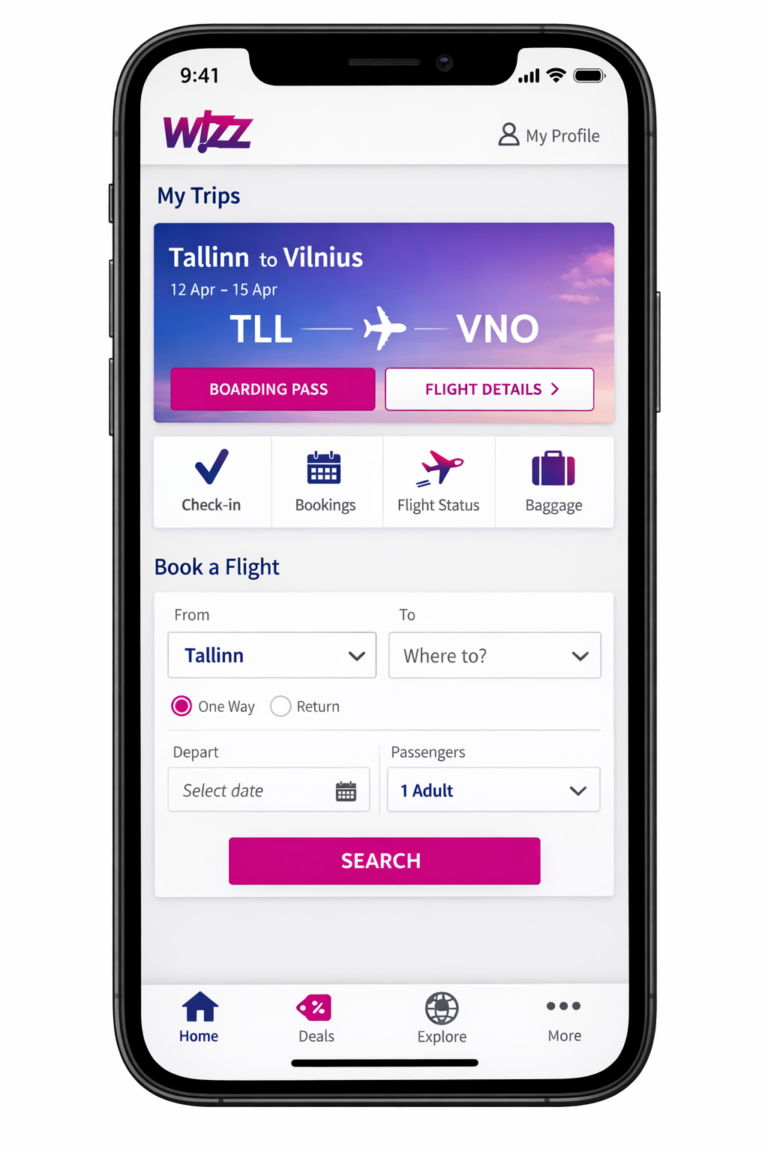Smartphone screen displaying the Wizz Air app with flight details and boarding pass options.