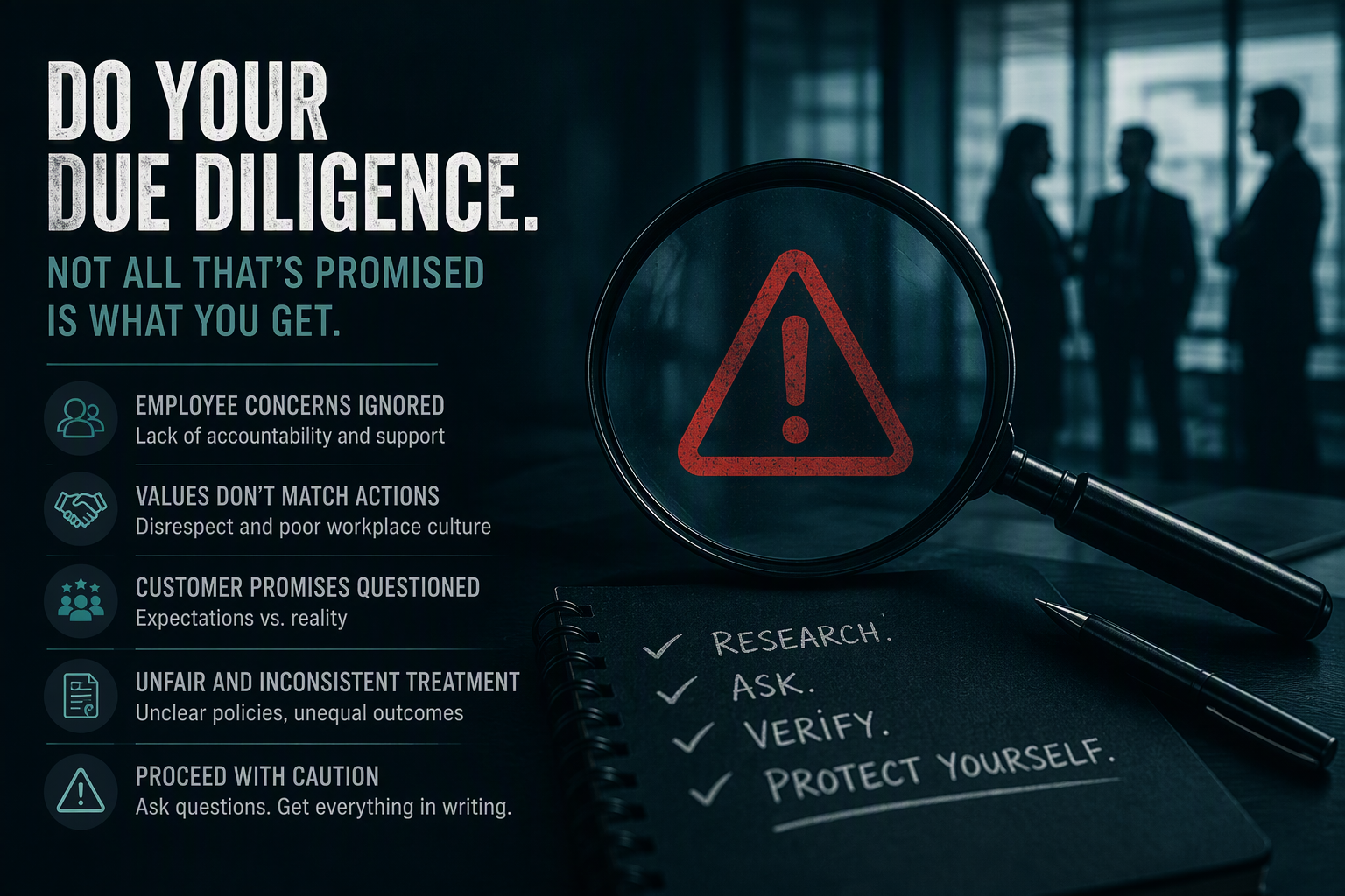 Due diligence warning graphic with a magnifying glass, caution symbol, and business silhouettes. What to Know Before Working with Professio Group - Different Perspectives.