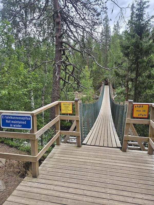 Wooden suspension bridge crossing a forest river.
