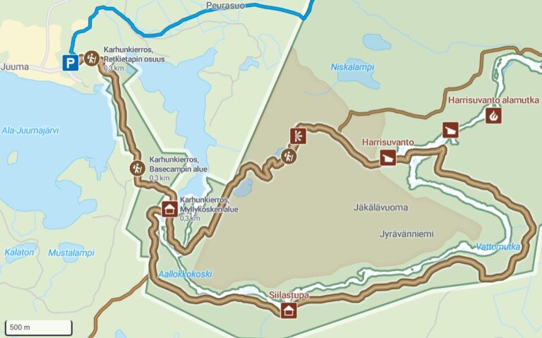 Map of the Pieni Karhunkierros hiking trail.