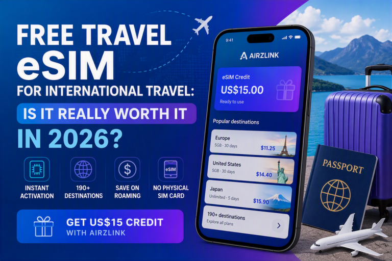Free travel eSIM for international travel with AirZlink US$15 credit, smartphone, passport and suitcase