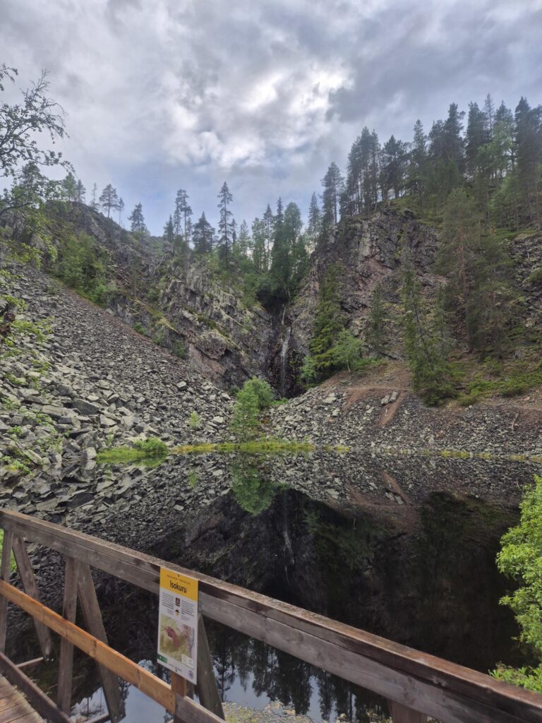 View over the rocky Isokuru gorge from a wooden platform.