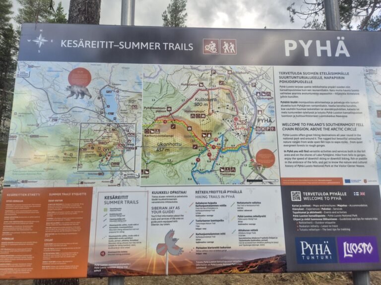 Holyone B Pyhätunturi review: Summer trail map and visitor information board in Pyhä-Luosto National Park.