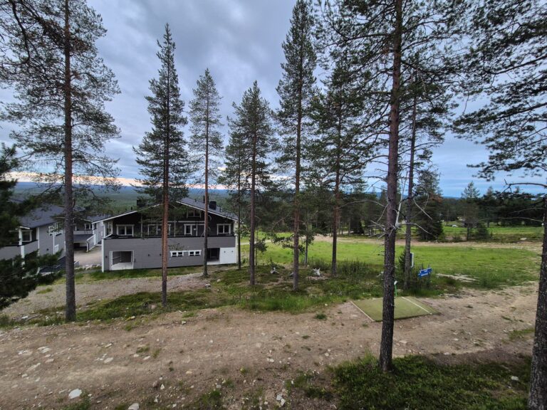 Holyone B Pyhätunturi review: View from Holyone B overlooking pine forest, nearby accommodation buildings, and the Pyhätunturi landscape.